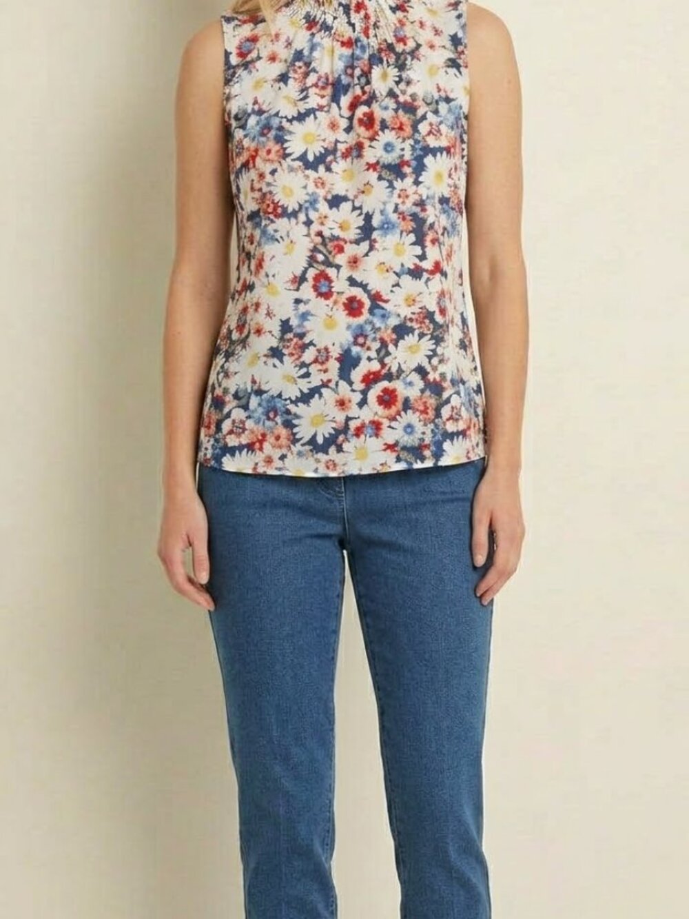 Cato Floral High Mock Neck Smocked Tank Top Sleeveless Floral Blouse Size L